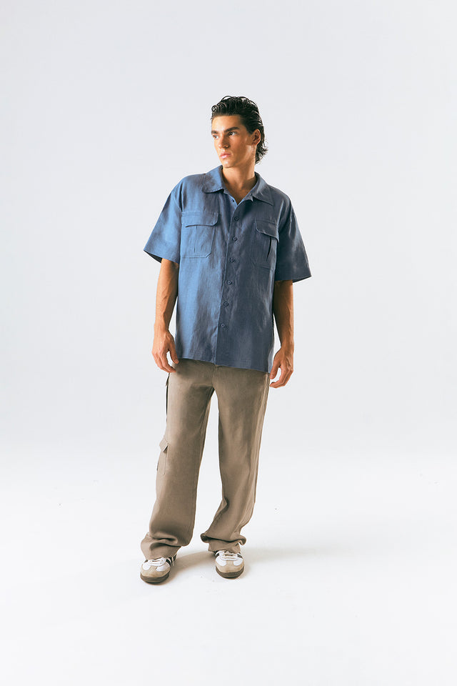 Camisa Cargo 100% Linho Azul